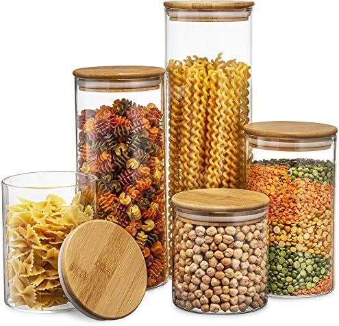 Sugar Packet Holder Canister Set Of 5, Glass Kitchen Canisters With Airtight Bamboo Lid, Glass Storage Jars For Kitchen, Bathroom And Pantry Organization Ideal For Flour, Sugar, Coffee, Cookie Jar, Candy, Snack And More