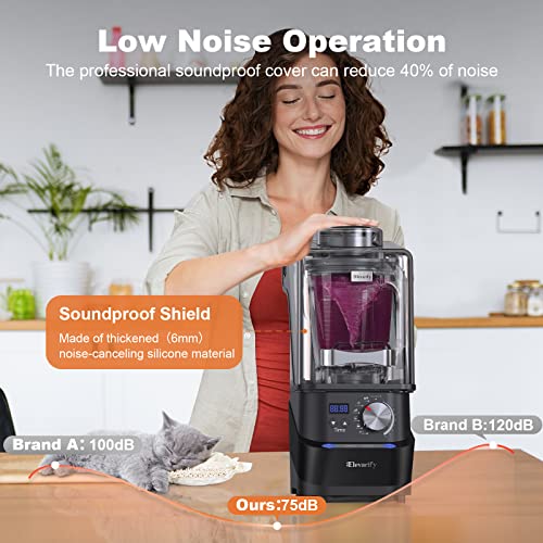 Professional Blender For Kitchen Quiet: Vacuum Commercial Blender For Shakes And Smoothies - 56oz Industrial Countertop Blenders - 1500W High Power Smoothie Blender With Shield (Black)