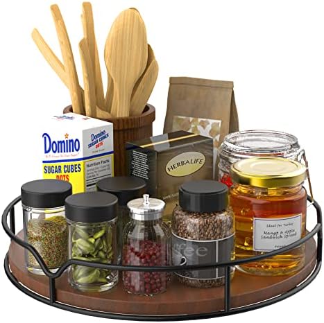 Lazy Susan Turntable Organizer For Cabinet Pantry Kitchen Countertop Refrigerator Cupboard, Pine Wood, 9", Carbonized Black