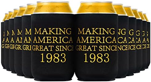 40th Birthday Beer Sleeve, 40th Birthday Can Cooler Insulated Covers, 40th Birthday Decorations Black Gold Making Great Since 1983, Neoprene Coolers For Soda, Beer, Can Beverage, 12 Pcs