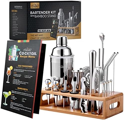 Mixology Bartender Kit With Bamboo Stand And Japanese Jigger | 25-Piece Bar Set Profesional Stainless Steel Bar Tools | Boston Cocktail Shaker Set | Recipe Menu | Barware Present