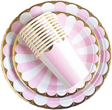 Pink And Gold Foil Party Supplies Set - 90PCS (Serves 30 Guests) Disposable Dinner Dessert Paper Plates 9oz Cups Baby Girl Boy Shower Gender Reveal Bridal Shower Birthday Wedding Party Decoration