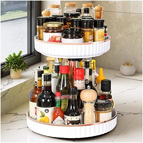 2 Tier Bamboo Lazy Susan Organizer For Kitchen,Turntable For Cabinet,Turntable Organizer For Cabinet Pantry Table Organization