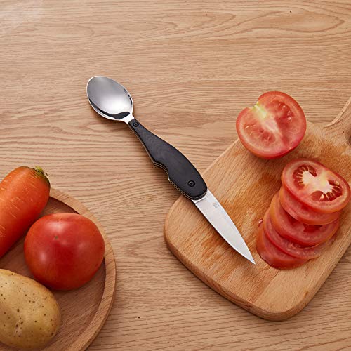 Sharp Folding Fruit Knife Spoon Combo Blade 3.5" Avocado Slicer Kiwi Cutter Travel Camping Utensils Stainless Steel Kitchen Vegetable