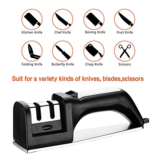 Fe Sharpener - Kitchen Knife Sharpener For Knife Sharpening Kit Knives & Blades, 2 Stage Manual Chef Knife Cutlery Sharpener With Diomand Abrasives(Black-Silver)