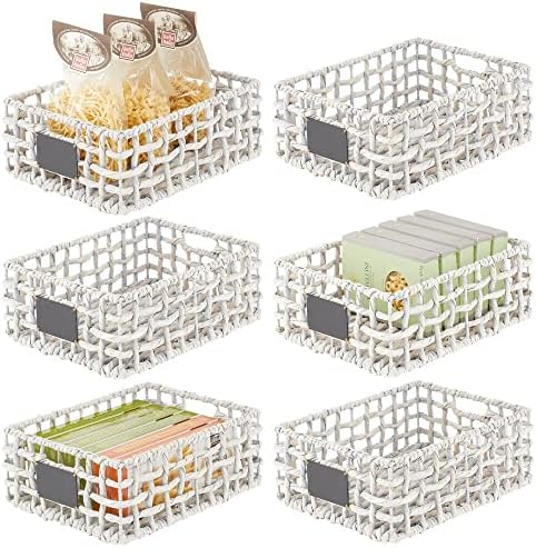 MDesign Hyacinth Open Weave Kitchen Cabinet Pantry Basket With Built-in Chalkboard Label For Organizing Kitchen Pantry, Cabinet, Cupboard, Shelves - Holds Food, Drinks, Snacks, 6 Pack - White Wash