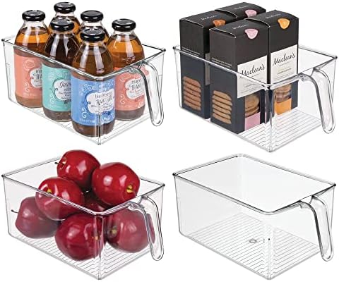 MDesign Plastic Kitchen Pantry Cabinet Refrigerator Storage Organizer Bin Holder With Front Handle - For Organizing Individual Packets, Snacks, Produce, Pasta - BPA Free - Medium, 4 Pack - Clear