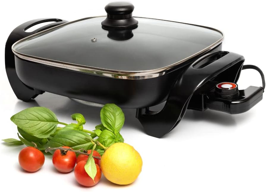 Nonstick Electric Skillet 12 Inch Aluminum Electric Fryer With 2 Layers Of Non-Stick Coating | Adjustable Temperature Control | Lid With Steam Vent & Heat-Resistant Handle