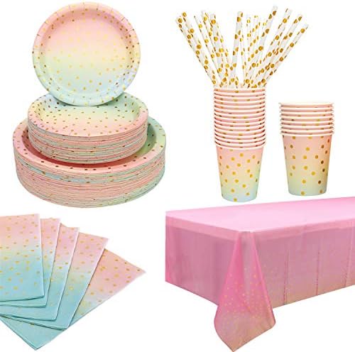 Disposable Paper Party Dinnerware Set For Birthday Baby Shower Wedding Rainbow Party,Serves For 25 (Pink Gold)