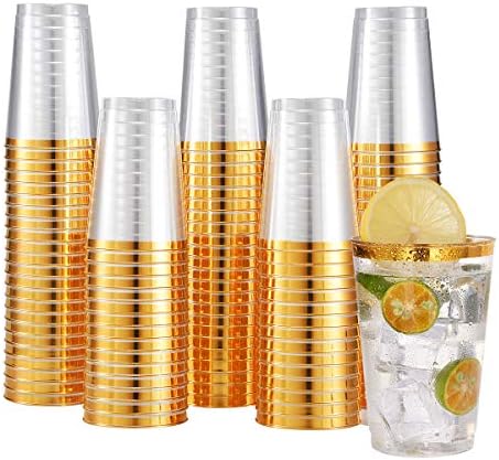 100 PACK Gold Plastic Cups,12 Oz Clear Plastic Cups Tumblers, Elegant Gold Rimmed Plastic Cups, Disposable Cups With Gold Rim Perfect For Wedding,Thanksgiving Day, Christmas, Halloween Party Cups