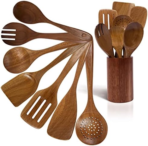 Wooden Spoons For Cooking-Kitchen Utensils Set With Holder-Nice-nook 8PCS Wooden Utensils For Cooking Made With Acacia Wood-Cooking Utensils Set Non-stick With Comfortable Soft Grip-Great House Gifts.