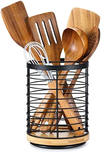 Utensil Holder For Kitchen Counter - 5.2" X 5.2" X 6" Large Round Utensils Holder With Wooden Base Matte Black Cooking Utensil Holder,Kitchen Countertop Utensil Organizer (Metal+Bamboo)