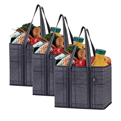 VENO 3 Pack Reusable Grocery Bag, Shopping Cart Bag, Storage Box, Heavy Duty, Hard Bottom, Collapsible, Utility Tote, Trunk Organizer (Black/Windowpane, Set Of 3)