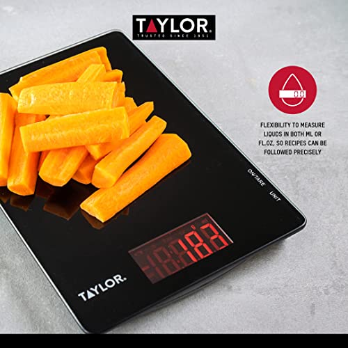 Taylor Pro Digital Ultra Thin Kitchen Food Scales, Compact Slimline Professional Standard With Tare Feature And Precision Accuracy, Black Glass, Weighs 5 Kg Capacity