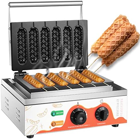 Commercial Corn Dog Waffle Maker Machine 6 PCS 1550W Hot Dog Cheese Stick Press Iron, 50-300℃ Temp Control, 5-min Timer French Muffin Cooker 110V