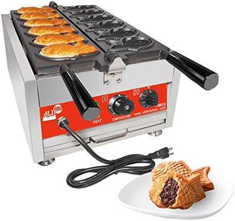 Taiyaki Waffle Iron | Fish-Shaped Waffle Maker | Stainless Steel | Nonstick | 110V (6 Fish-Shaped Waffles)