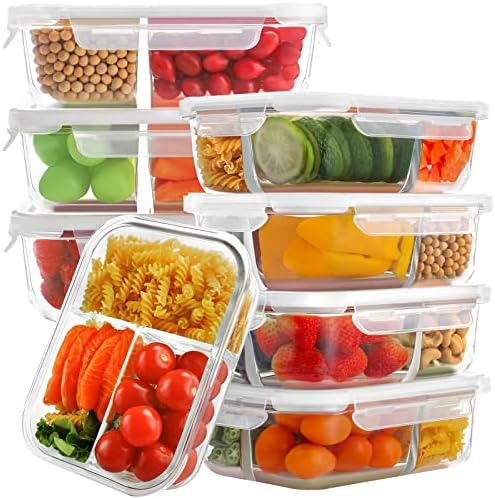 8 Pack Glass Meal Prep Containers 3 Compartment, Glass Food Storage Containers With Lids, Airtight Glass Lunch Bento Boxes, BPA-Free & Leak Proof (8 Lids & 8 Containers) - Grey