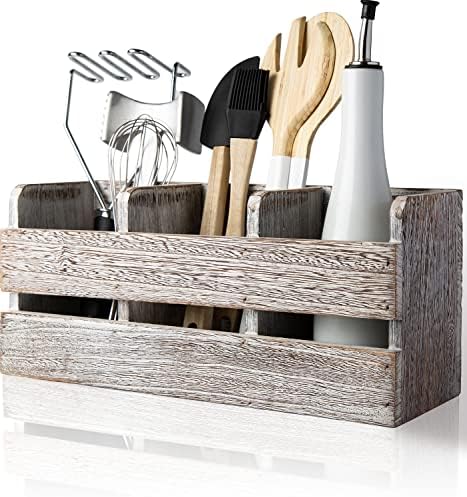 Farmhouse Utensil Organizer For Kitchen Countertop - Wooden Utensil Crock With 3 Large Storage Compartments & Hanging Option - Rustic Spatula Holder Caddy In Distressed White - Size