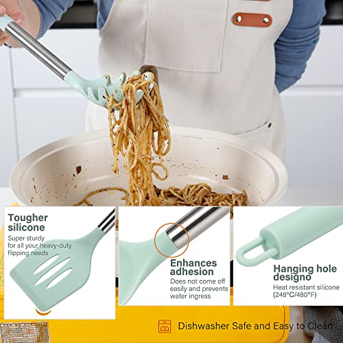 Silicone Kitchen Utensil Set, 28 Pcs Non-Stick Cooking Utensils Set With Holder, Tongs, Spatula, Whisk, Measuring Cups And Spoons Set With Stainless Steel Handle Kitchen Gadgets (Light Green)