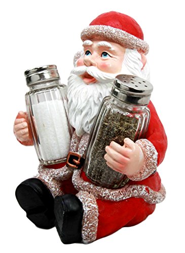 Christmas North Pole Santa Claus Salt And Pepper Shakers Holder Set Resin Figurine With Glass Shakers