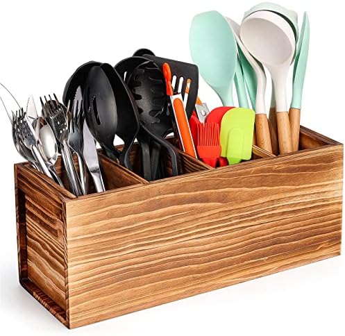 Extra Large Bamboo Utensil Holder, 4 Sections Kitchen Utensil Holder Organizer For Countertop, Cooking Utensil Caddy Farmhouse Utensils Holder Utensil Crock For Kitchen Counter
