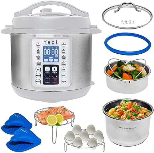 Edi 9-in-1 Total Package Instant Programmable Pressure Cooker, 6 Quart, Deluxe Accessory Kit, Recipes, Pressure Cook, Slow Cook, Rice Cooker, Yogurt Maker, Egg Cook, Sauté, Steamer, Stainless Steel