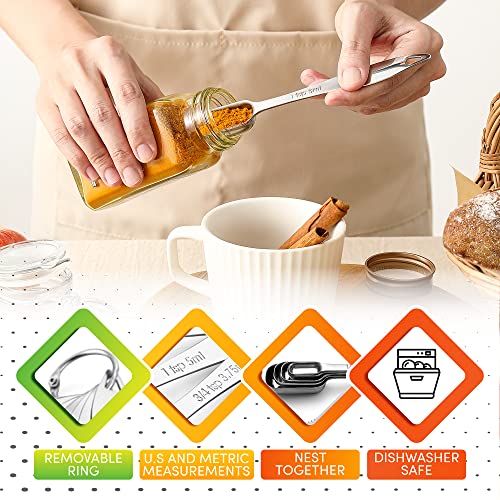 Heavy Duty Stainless Steel Metal Measuring Spoons For Dry Or Liquid, Fits In Spice Jar, Set Of 6 Including Leveler