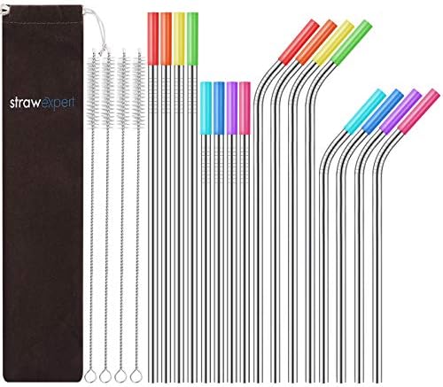 Set Of 16 Reusable Stainless Steel Straws With Travel Case Cleaning Brush Silicone Tips Eco Friendly Extra Long Metal Straws Drinking For 20 24 30 Oz Tumbler