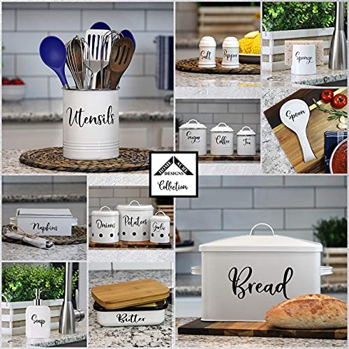 Kitchen Utensil Holder - Farmhouse Crock For Countertop Utensils, Black & White