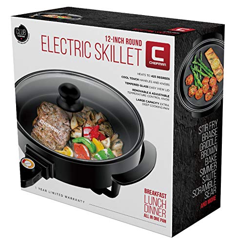 RJ05-12-RO 1400 Watt Electric Skillet 12 Inch Round Frying Pan With Non Stick Coating And Tempered Glass Lid, Black