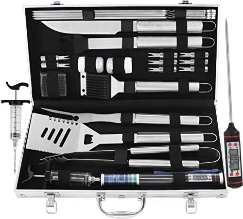 Grilljoy 24PCS BBQ Grill Tools Set With Meat Thermometer And Injector - Extra Thick Stainless Steel Fork, Spatula& Tongs - Complete BBQ Accessories In Aluminum Case - Perfect Grill Gifts For Men