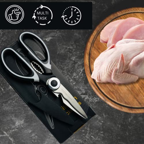 Amaseleza Kitchen Shears With Nutcracker & Bottle Opener - Heavy Duty Scissors With Cover - Ergonomic ABS Handles - Lightweight Non-Slip Rust & Corrosion Resistant - Perfect For Meat, BBQ & Herbs