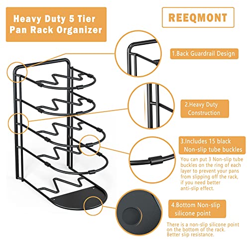 REEQMONT Heavy Duty Pot Rack Organizer, 5 Tier Pan Rack Storage Holder, Holds 50 LB - Holds Cast Iron Skillets, Frying Pans, Griddles - No Assembly Required, 13'' Height (2 Pack)