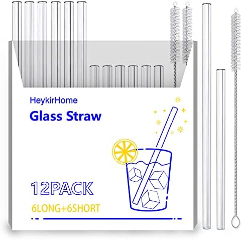 12-Pack Reusable Glass Straws,Size 8''x10 MM,Including12 Bent With 2 Cleaning Brush- Perfect For Smoothies, Tea, Juice