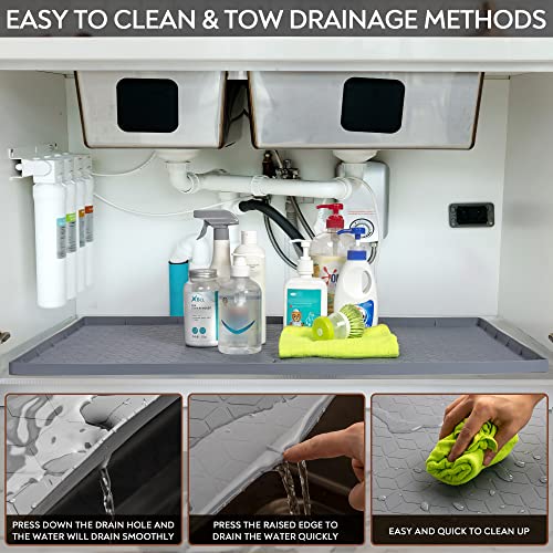 RESILION Flexible Waterproof Grey Silicone Under Sink Mat For Kitchen Cabinet With Drain Hole, 34" X 22" Silicone Under Sink Mat Liner Hold Up To 2 Gallons Liquid Sink Mats For Bottom Of Kitchen Sink