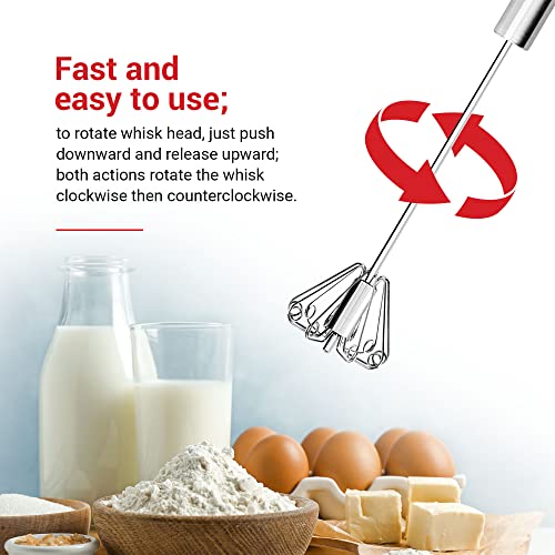 14 Inch Stainless Steel Hand Whisk - Durable & Easy To Use Push-Down Zip Whisker - Rotary Hand Mixer For Beating Eggs, Frothing Milk, Blending, Mixing, Whipping Smoothies & Shakes - Kitchen Tools