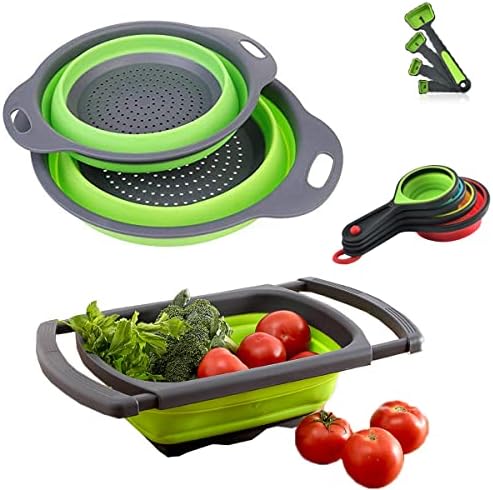 New Version 11Pack Silicone Kitchen Strainer Collapsible Colander With Foldable Silicone Measuring Spoon Measuring Cup Kitchen Good Tools (Blue)