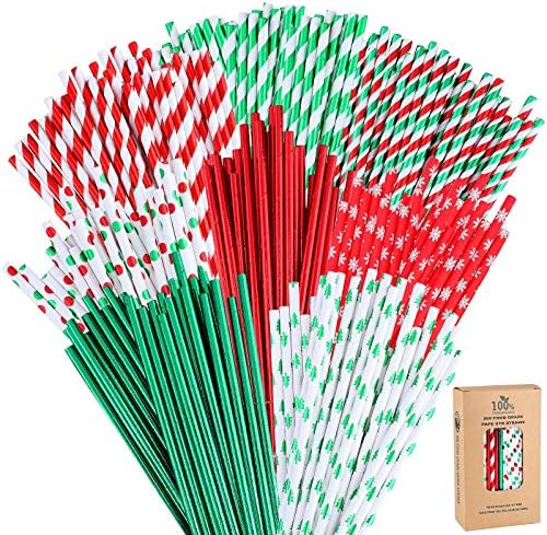 200 Pieces Christmas Foil Paper Straws Red Green White Stripe And Dots Christmas Tree Snowflake Biodegradable Drinking Straws For Christmas Party Supplies, 8 Style