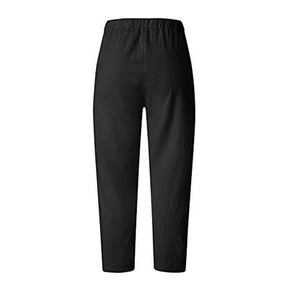  Kingspinner Capri Pants For Women Plus Size Cotton Linen Flowers Printed Pants Pockets Cotton Linen Elastic Waist Trousers