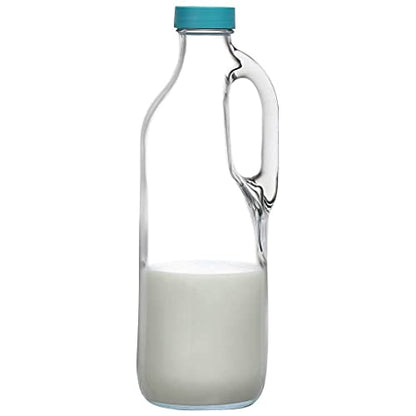  2 Pc 47oz Clear Glass Milk Bottles Glass Pitcher With Handle And Lids - Airtight Milk Container For Refrigerator Jug Water Juice Heavy Milk Bottle Liquid Containers For Kitchen