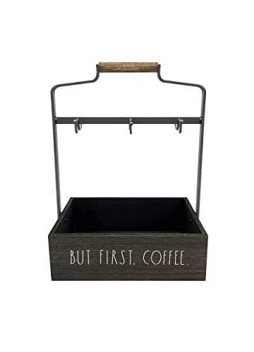  Coffee Mug Holder - 6 Hook Coffee Cup Rack With Rectangular Rustic Style Crockery Holder - Storage Or Display - Mug Stand Organizer For Kitchen Counter Or Cafe Countertop - But First Coffee