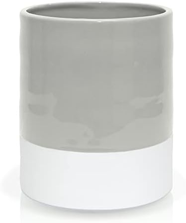  Utensil Holder – Crock - Caddy - Extra Large Ceramic Organizer For Kitchen Countertop - Modern Or Rustic Farmhouse Decor - Gray & Natural White - Jar Holds All Spatulas, Spoons & Tools