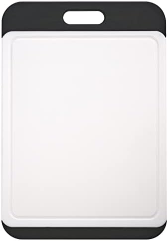  Cutting Board Plastic With Juice Grooves And One-Piece Non-Slip Silicone Handles, 14 X 9.5 X 0.4 Inch Kitchen Chopping Board, Dishwasher Safe BPA Free (Black+Grey)