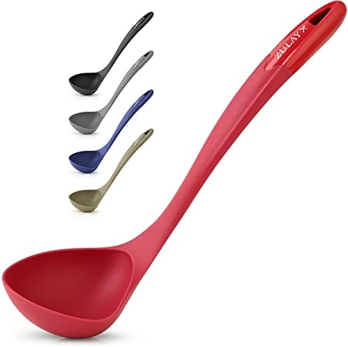  Soup Ladle Spoon With Comfortable Grip - Cooking And Serving Spoon For Soup, Chili, Gravy, Salad Dressing And Pancake Batter - Large Nylon Scoop & Soup Ladle Great For Canning And Pouring - Red