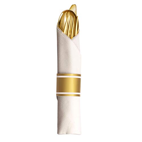  50 Pre Rolled Gold Plastic Silverware - 200pc Set, Service For 50 - Wrapped Disposable Silverware Set With Forks, Knives, Spoons, White Napkins - Fancy Decorative Flatware For Dinner, Party, Wedding