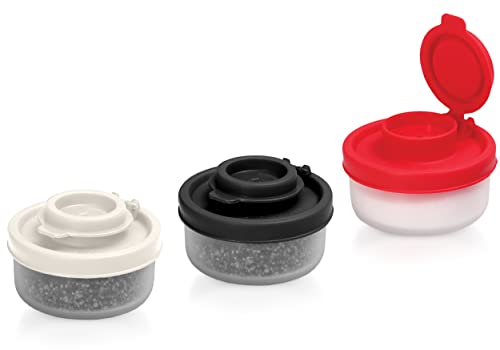  Alt And Pepper Shakers Moisture Proof Mini Salt Shaker To Go Camping Picnic Outdoors Kitchen Lunch Boxes Travel Spice Set Clear With Colored Lids Plastic Airtight Spice Jar Dispenser (Small, 3 Pack)