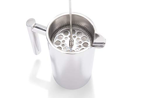  Perto Stainless Steel French Press Coffee Maker | 34 Ounce, Double Wall Insulated, Manual, Portable, Chrome Finish
