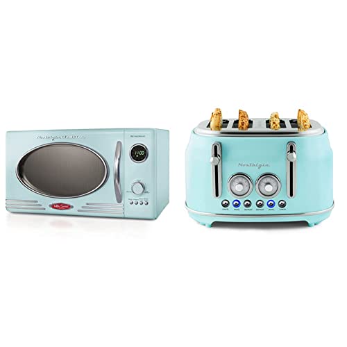  Retro Countertop Microwave Oven, 0.9 Cu. Ft. 800-Watts With LED Digital Display, Child Lock, Easy Clean Interior, Cu.Ft, Aqua & Nostalgia Classic 4-Slice Wide Slot Toaster, Aqua