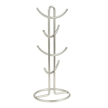  Euro Large 8 Holder, Mug Tree, Mugs & Tea Cup Storage Rack, Coffee Counter Bar Accessory & Kitchen Countertop Organizer, Satin Nickel