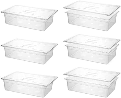  BIEAMA 6 Pack Food Pans With Lids, 1/6 Size 4'' Deep, Polycarbonate, Clear